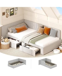 gaomon Twin Daybed 2 Storage Drawers Velvet Upholstered Corner Bed Extended Headboard Guardrail Adjustable