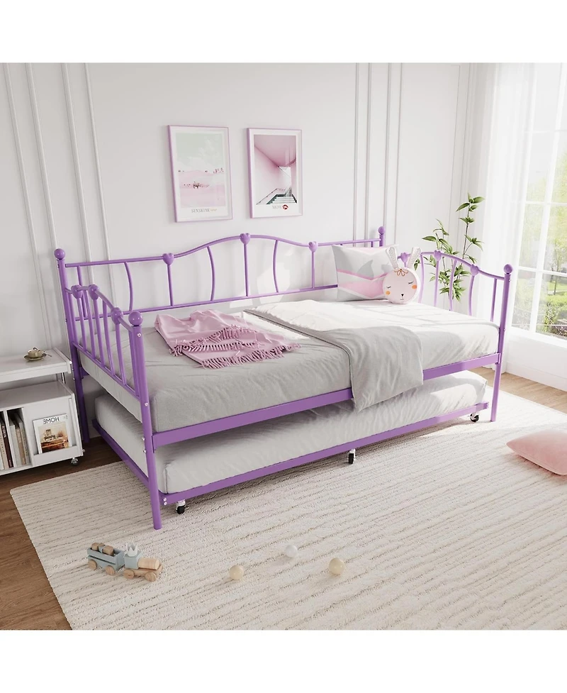 gaomonl Daybed with Trundle Heart Design Noise Free Platform Sofa Bed Steel Slats Space-Saving Bedroom Purple