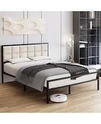 gaomon King Faux Leather Platform Bed Frame Upholstered Headboard Metal Frame Steel Slats Support Box Spring Optional Easy Assembly