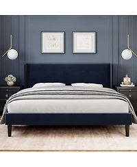 gaomon Queen Upholstered Platform Bed Wingback Headboard Velvet 2 Storage Pockets Wooden Slat Support Box Spring Optional
