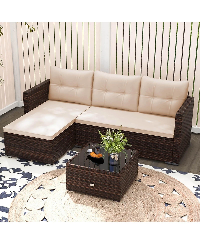4 Seats Outdoor Wicker Furniture Set with Tempered Glass Coffee Table & Soft Cushions
