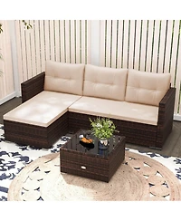 4 Seats Outdoor Wicker Furniture Set with Tempered Glass Coffee Table & Soft Cushions