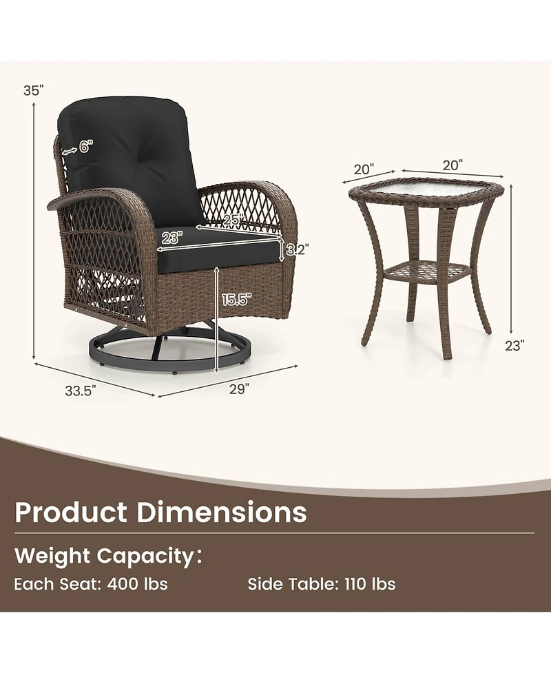 3 Pcs Patio Swivel Rocker Set Gliding Bistro Furniture with Tempered Glass Table