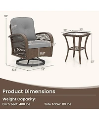 3 Pcs Patio Swivel Rocker Set Gliding Bistro Furniture Set with Tempered Glass Table