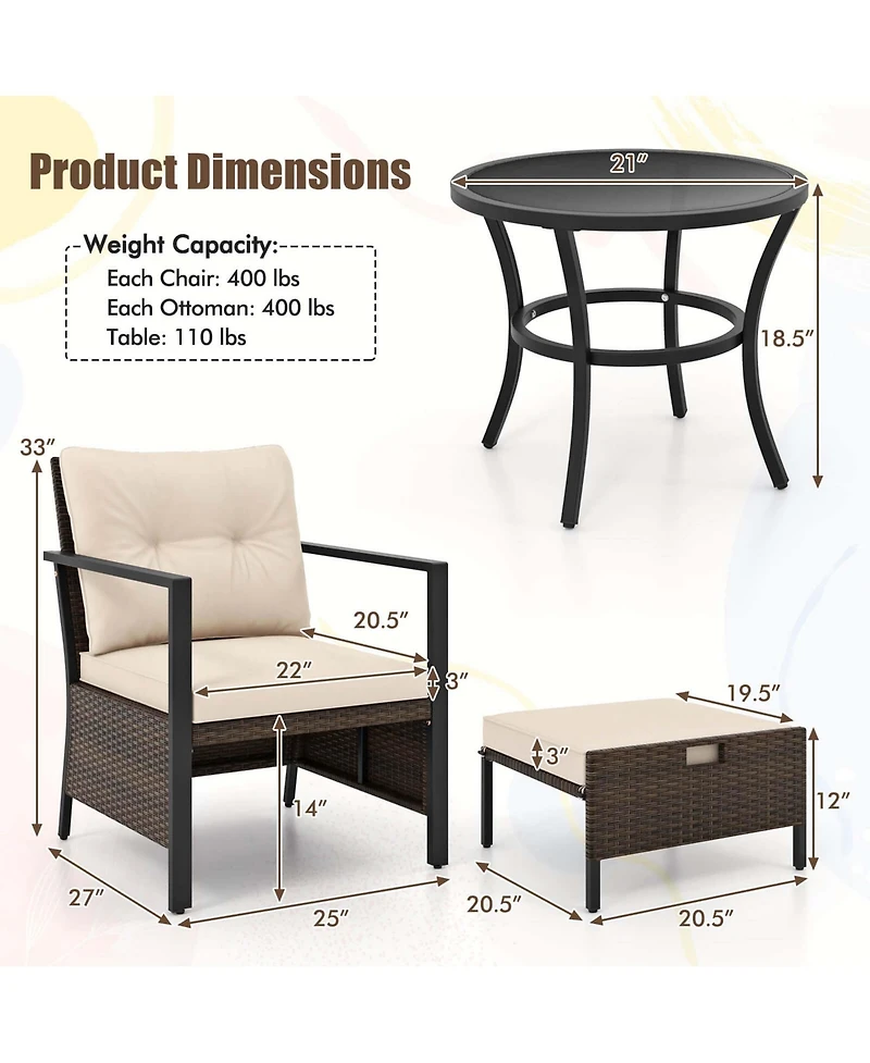 5 Pcs Outdoor Furniture Set Rattan Chairs & Ottomans with Glass Topped Coffee Table