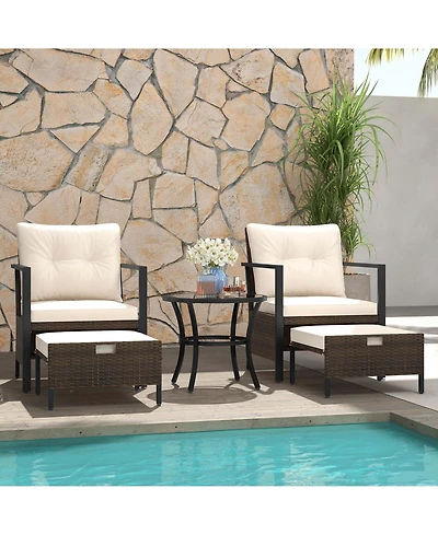 5 Pcs Outdoor Furniture Set Rattan Chairs & Ottomans with Glass Topped Coffee Table