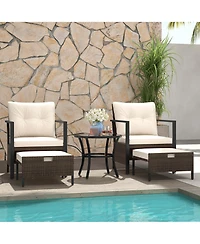 5 Pcs Outdoor Furniture Set Rattan Chairs & Ottomans with Glass Topped Coffee Table