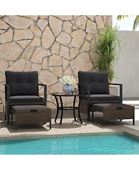 5 Pcs Outdoor Furniture Set Rattan Chairs & Ottomans with Glass Topped Coffee Table