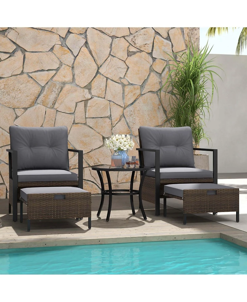 5 Pcs Outdoor Furniture Set Rattan Chairs & Ottomans with Glass Topped Coffee Table