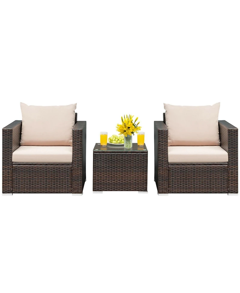 3PCS Patio Rattan Furniture Set Conversation Wicker Sofa Set w/Cushion Garden