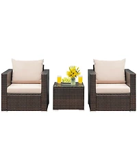 3PCS Patio Rattan Furniture Set Conversation Wicker Sofa Set w/Cushion Garden