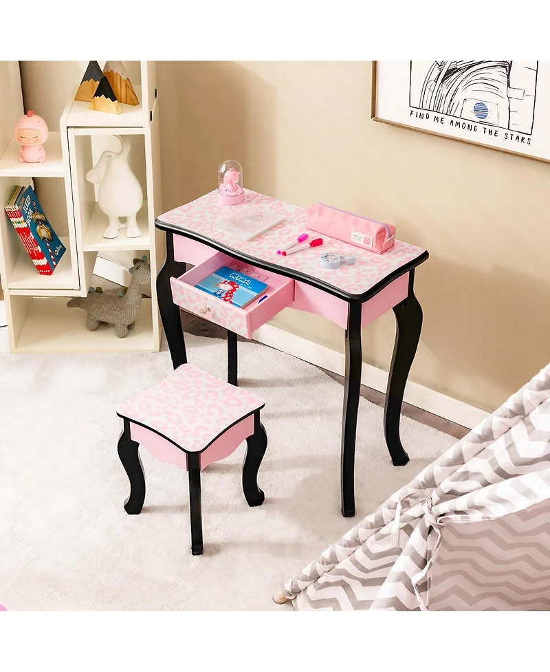 Costway Kid Vanity Set Wooden Makeup Table Stool Tri-Folding Mirror