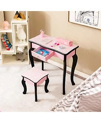 Costway Kid Vanity Set Wooden Makeup Table Stool Tri-Folding Mirror