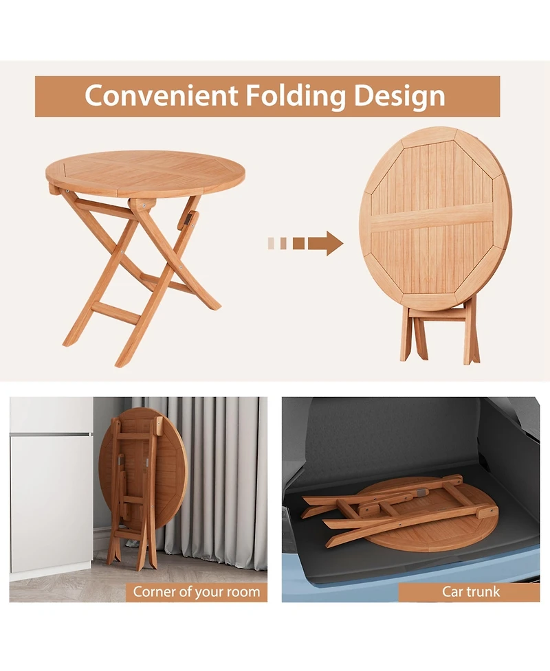 Costway 31.5'' Patio Round Folding Dining Table Solid Indonesia Teak Wood Natural Outdoor Portable