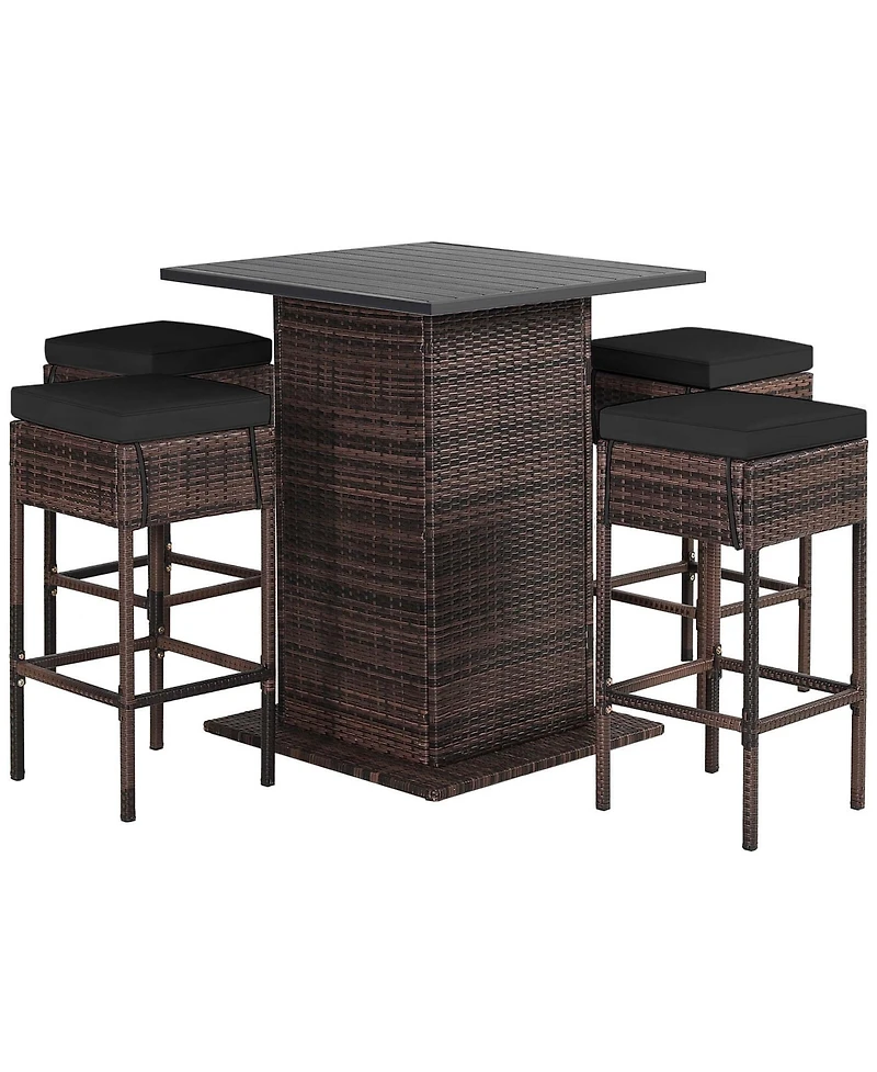 5PCS Patio Rattan Bar Table Stool Set Hidden Storage Shelf Cushion