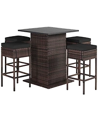 5PCS Patio Rattan Bar Table Stool Set Hidden Storage Shelf Cushion