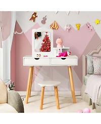 Costway Kid Vanity Table Chair Set with Mirror Large Storage Drawers Wooden Legs