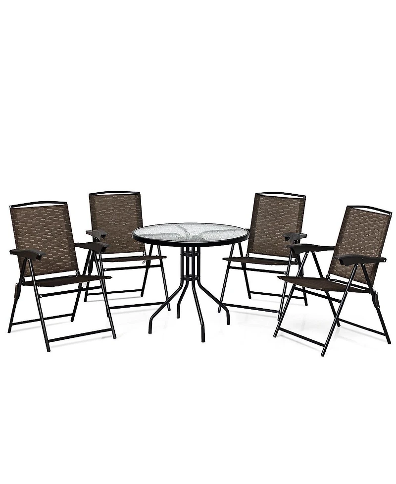 5PC Bistro Outdoor Patio Furniture Set Glass Table W/4 Folding Adjustable Chairs