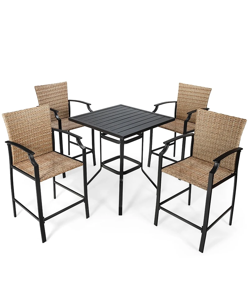 5PCS Outdoor Bistro Set Rattan Bar Stool Table Set with Cushions Steel Frame