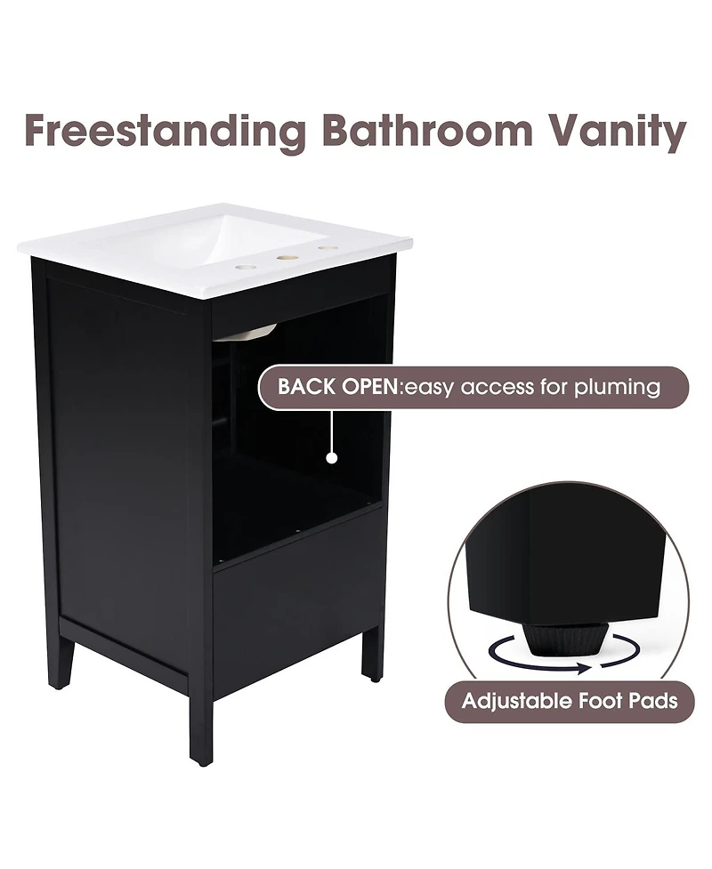 Sillysis 20" Freestanding Bathroom Vanity with Sink, Solid Wood Mdf Cabinet, Semilune Ceramic Drawer Shelf for Small