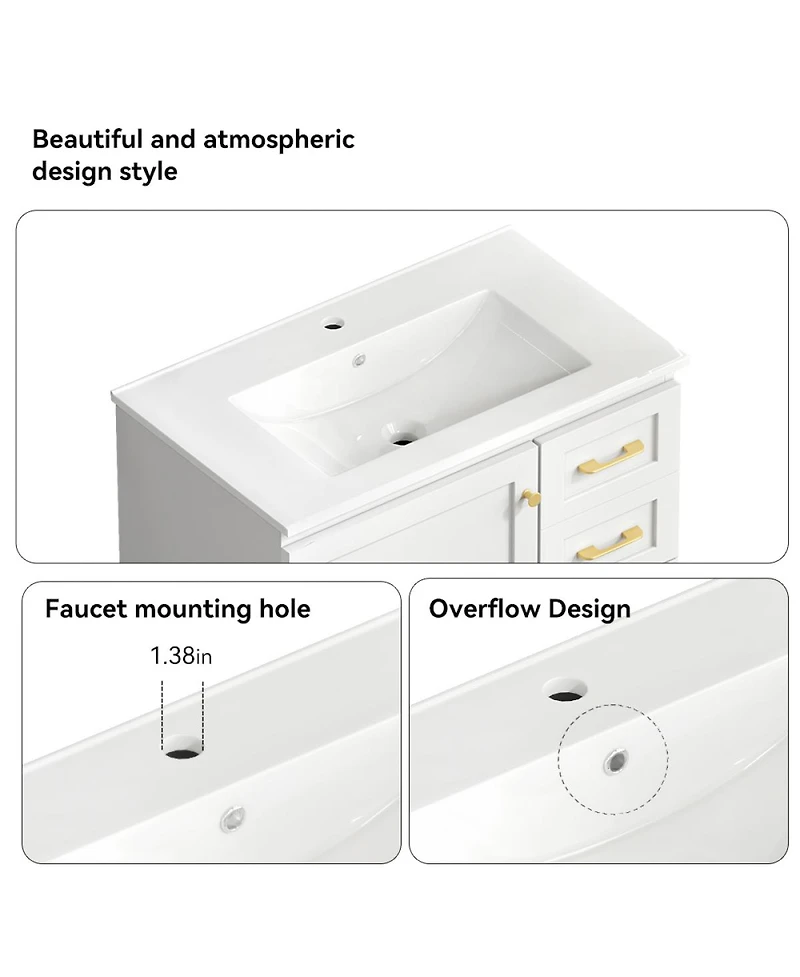 Sillysis Modern Bathroom Vanity with Sink, Transitional Mdf Cabinet, Ample Soft Close Storage, 1 Door 3 Drawers for Stylish Bathrooms