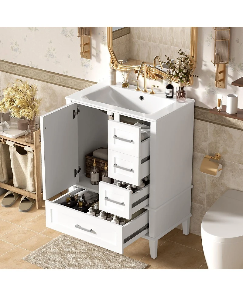 Sillysis 24.8" Bathroom Vanity with Ceramic Sink, Modern Freestanding Solid Wood Mdf Cabinet, 3 Drawers Soft Close Door for Small Spaces