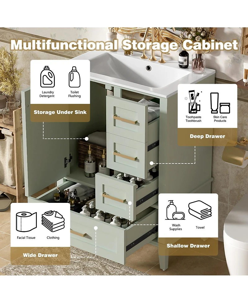 Sillysis 24.8" Bathroom Vanity with Ceramic Sink, Modern Freestanding Solid Wood Mdf Cabinet, 3 Drawers Soft Close Door for Small Spaces