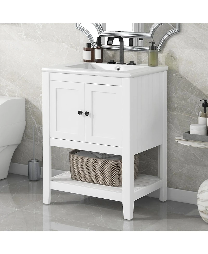 Sillysis 24" Bathroom Vanity with Ceramic Sink, Solid Wood Frame, Open Shelf Storage for Modern Small Spaces