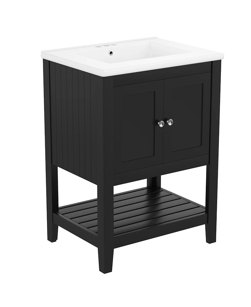 Sillysis 24" Bathroom Vanity with Ceramic Sink, Solid Wood Frame, Open Shelf Storage for Modern Small Spaces