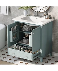 Sillysis Bathroom Vanity with Ceramic Sink, Adjustable Shelf, Multi-Functional Storage, Solid Wood & Mdf