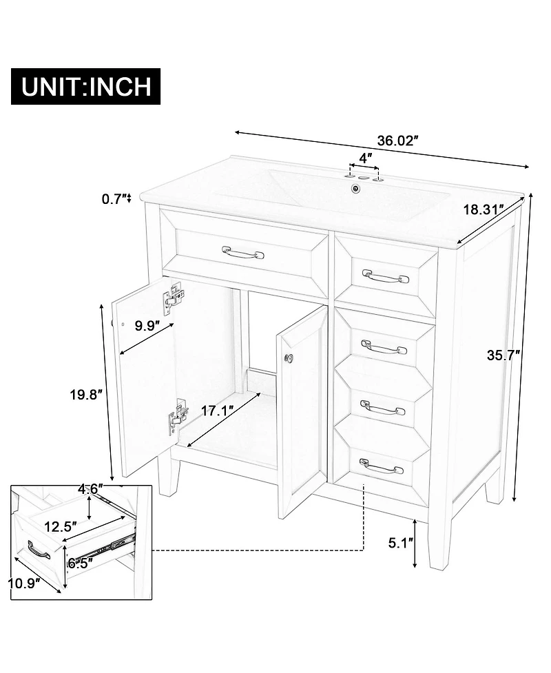 Sillysis 36" Bathroom Vanity with Ceramic Sink, Solid Wood Frame, Storage Cabinet & Drawers for Modern Home