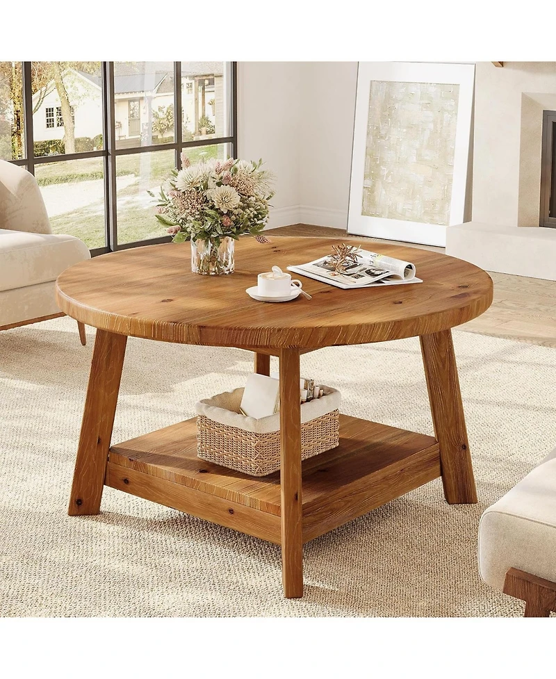 Tribesigns Solid Wood Round Coffee Table for Living Room, 31.5” Farmhouse Wooden 2-Tier Circle Center Cocktail Accent Table