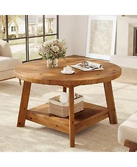 Tribesigns Solid Wood Round Coffee Table for Living Room, 31.5” Farmhouse Wooden 2-Tier Circle Center Cocktail Accent Table