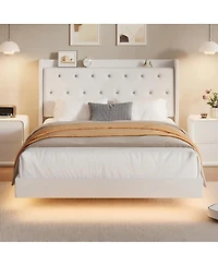 gaomon Wood Storage & Led Light Floating Bed Frame with Velvet Upholstered Wingback Headboard
