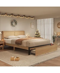 gaomon Queen Platform Bed Rattan Headboard Led Storage Baskets Farmhouse Metal Frame Noise-Free Wooden Slats No Box Spring