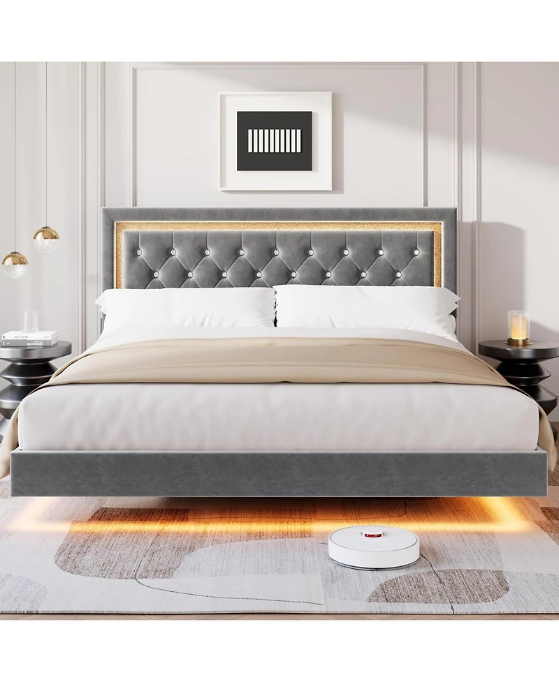 gaomon Floating Bed Frame with Smart Led Lights, Upholstered Platform Diamond Headboard, Solid Wood Slats Support