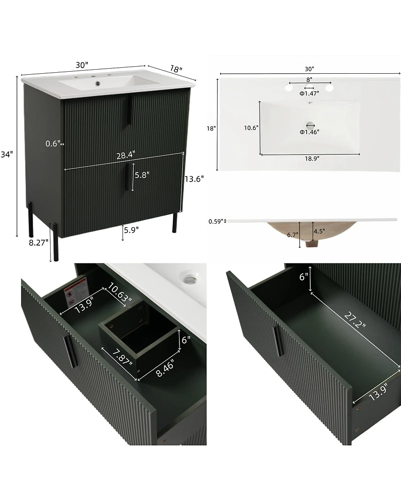 Sillysis 30" Bathroom Vanity with Sink, Modern Fluted Mdf Cabinet, Full-Extension Soft Close Drawers for Small Spaces