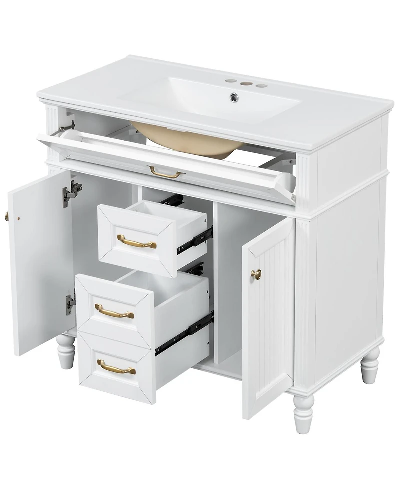 Sillysis 36" Bathroom Vanity with Ceramic Sink, Flip-Out Drawer, Soft Close Doors & Storage Drawers for Modern Bathrooms