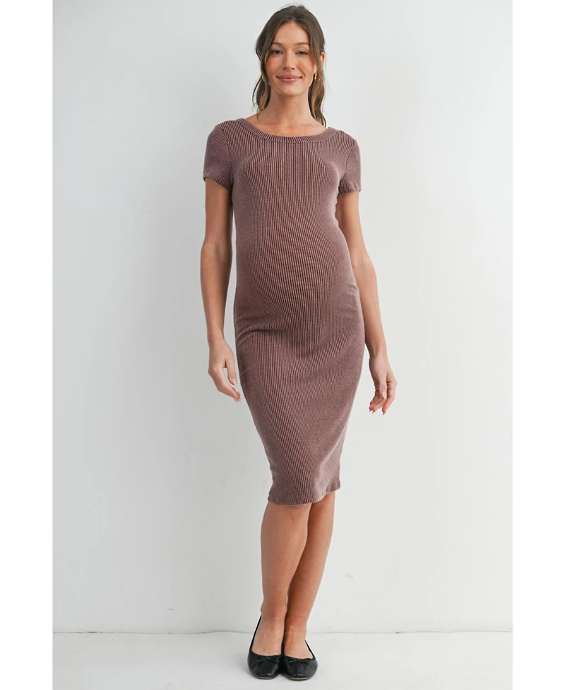 Hello Miz Women's Maternity Bodycon Ribbed Knit Short Sleeve Midi Dress