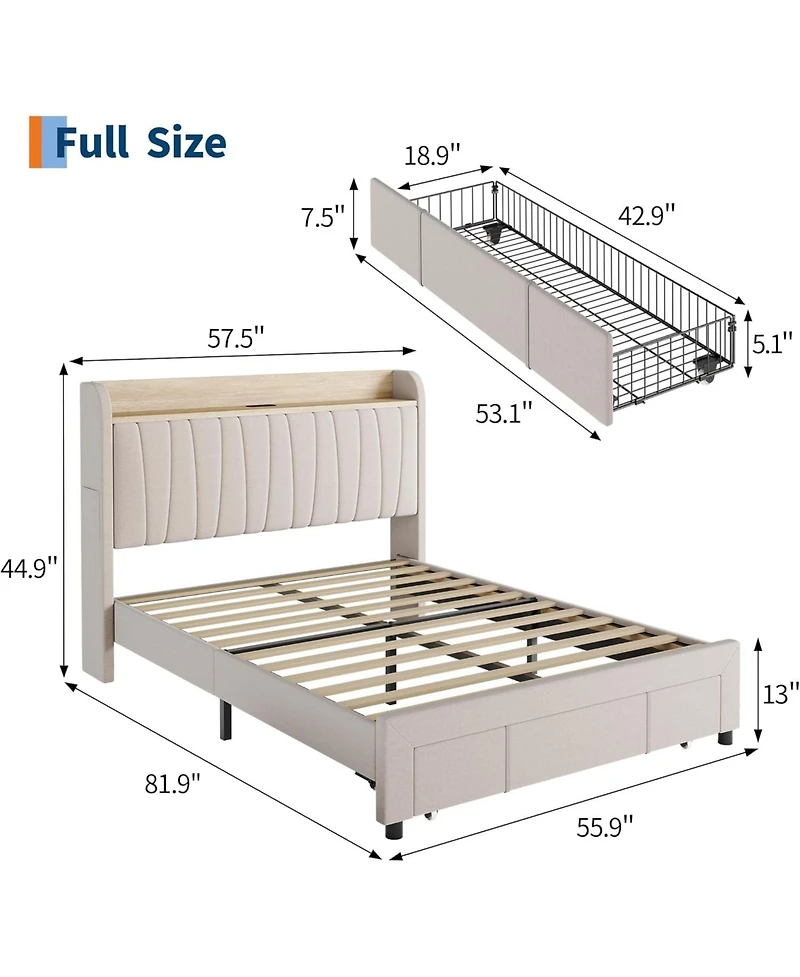 gaomon Bed Frame with Storage Headboard, Upholstered Platform Beds Drawers, Charging Station, Noise-Free