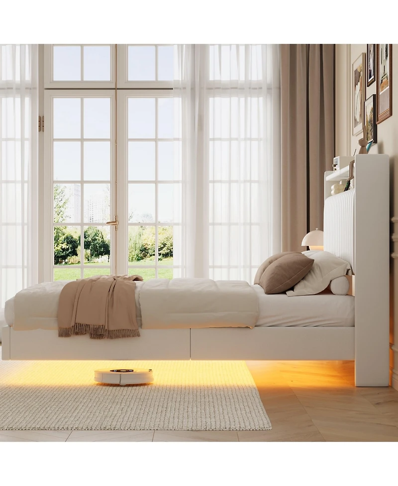 gaomon Floating Bed Frame Queen Rgb Led Lights Charging Station 50 Headboard Leather Upholstered Platform No Box Spring