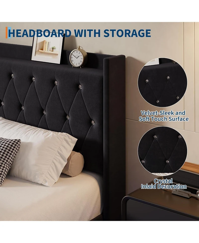 gaomon Full Floating Bed Frame Led Lights Velvet Upholstered Platform Bed Storage Headboard Noise-Free No Box Spring