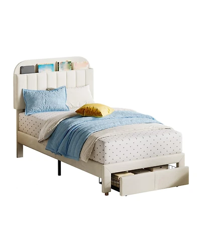 gaomon Twin Size Upholstered Platform Bed with Storage Drawer and Bookcase Headboard- Easy Assembly- Noise-Free- No Box Spring Needed