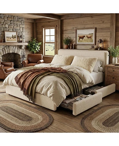 gaomon Teddy Fleece Bed Frame, Upholstered Platform Bed with 2 Storage Drawers, Height Adjustable Cloud Headboard, Thick Soft Teddy Fabric Bed