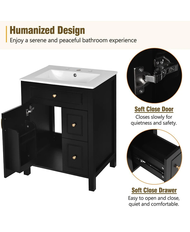 Sillysis Bathroom Vanity with Ceramic Sink, Soft Close Door & Drawers, Double Storage Racks for Small
