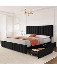 gaomon Linen Upholstered Platform Bed Frame 4 Storage Drawers Adjustable Headboard No Box Spring Wooden Slats Support