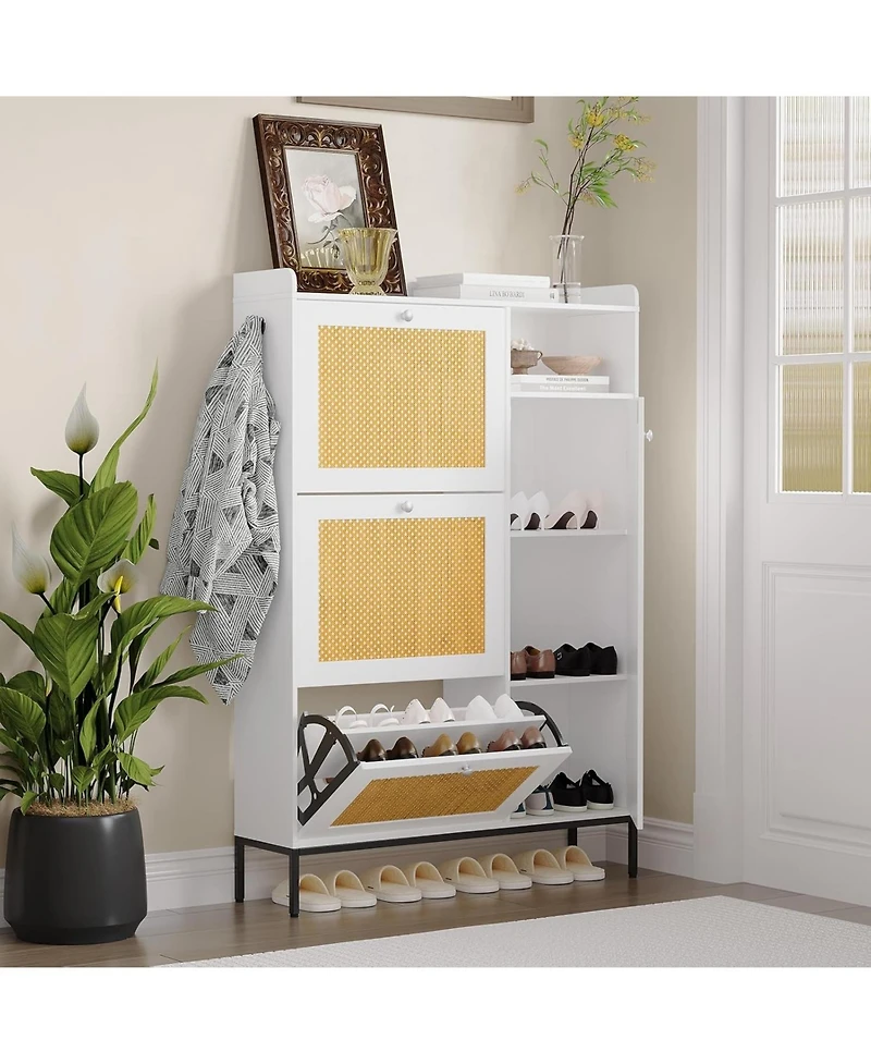 gaomon Shoe Cabinet with 3 Flip-out Drawers Natural Rattan Freestanding Shoe Organizer with 4 Open Shelves Side Cabinet Hidden Wood Shoe Rack