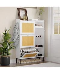 gaomon Shoe Cabinet with 3 Flip-out Drawers Natural Rattan Freestanding Shoe Organizer with 4 Open Shelves Side Cabinet Hidden Wood Shoe Rack