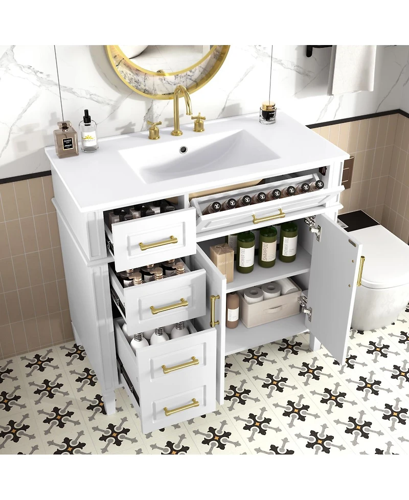 Sillysis Bathroom Vanity with Sink, Modern Cabinet 4 Soft-Close Drawers & Adjustable Shelf, Ample Storage