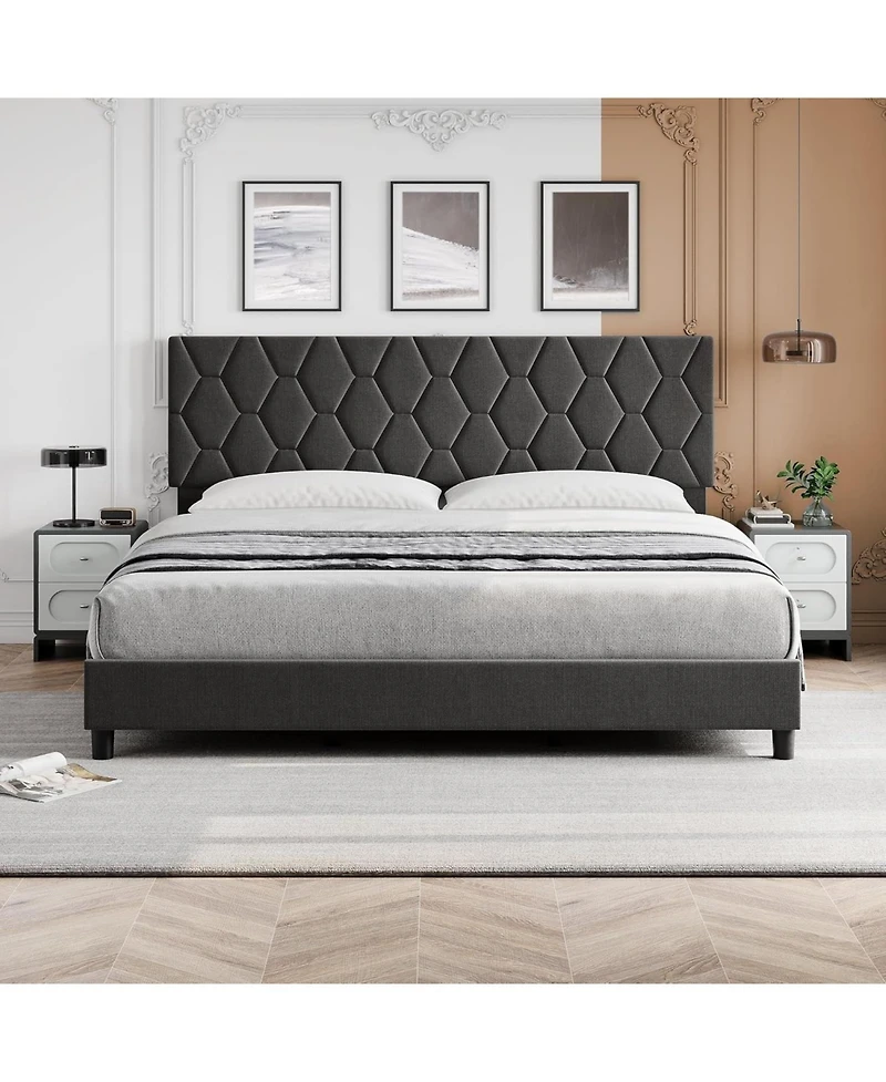 gaomon King Platform Bed Frame Upholstered Headboard Adjustable Fabric Diamond Pattern Soft Fabric Wood Slat Support